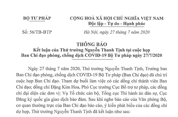 Kết luận của Thứ trưởng Nguyễn Thanh Tịnh tại cuộc họp BCĐ phòng, chống dịch COVID-19 Bộ Tư pháp ngày 27/7/2020