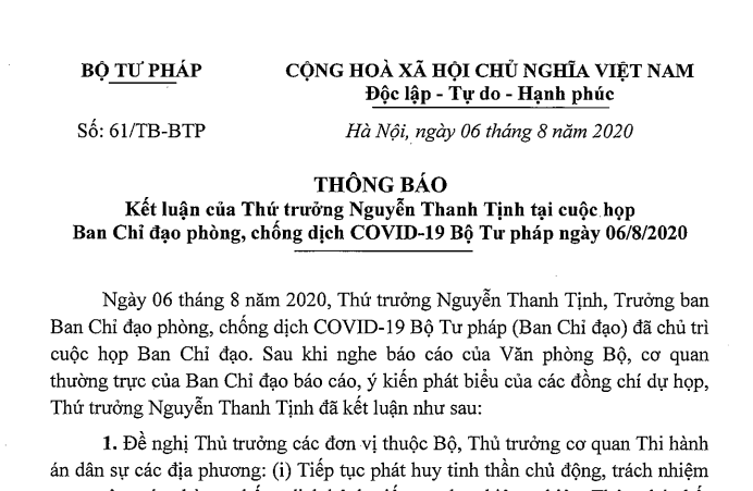 Thông báo kết luận của Thứ trưởng Nguyễn Thanh Tịnh tại cuộc họp  BCĐ phòng, chống dịch COVID-19 Bộ Tư pháp ngày 06/8/2020