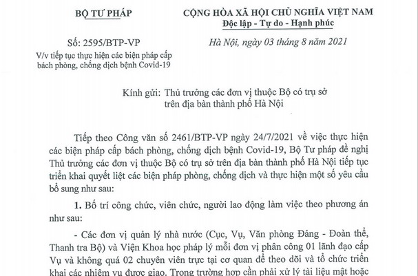 Công văn 2595/BTP-VP về việc tiếp tục thực hiện các biện pháp cấp bách phòng, chống dịch bệnh Covid-19