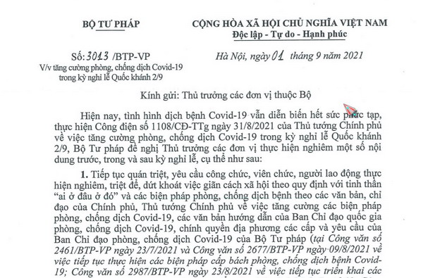 Công văn 3013/BTP-VP về việc tăng cường phòng, chống dịch Covid-19 trong kỳ nghĩ lễ Quốc khánh 2/9