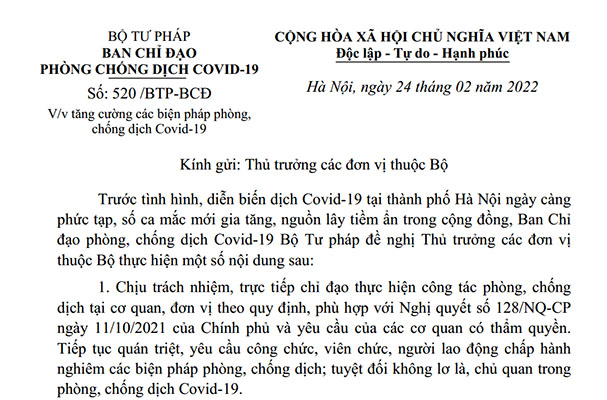 Công văn của Bộ Tư pháp về việc tăng cường các biện pháp phòng, chống dịch Covid-19