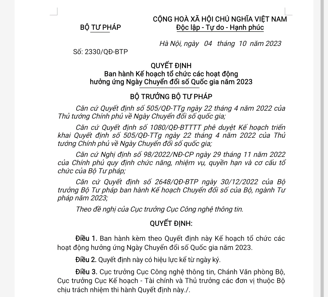 Bộ Tư pháp ban hành Kế hoạch tổ chức các hoạt động hưởng ứng Ngày chuyển đổi số quốc gia năm 2023